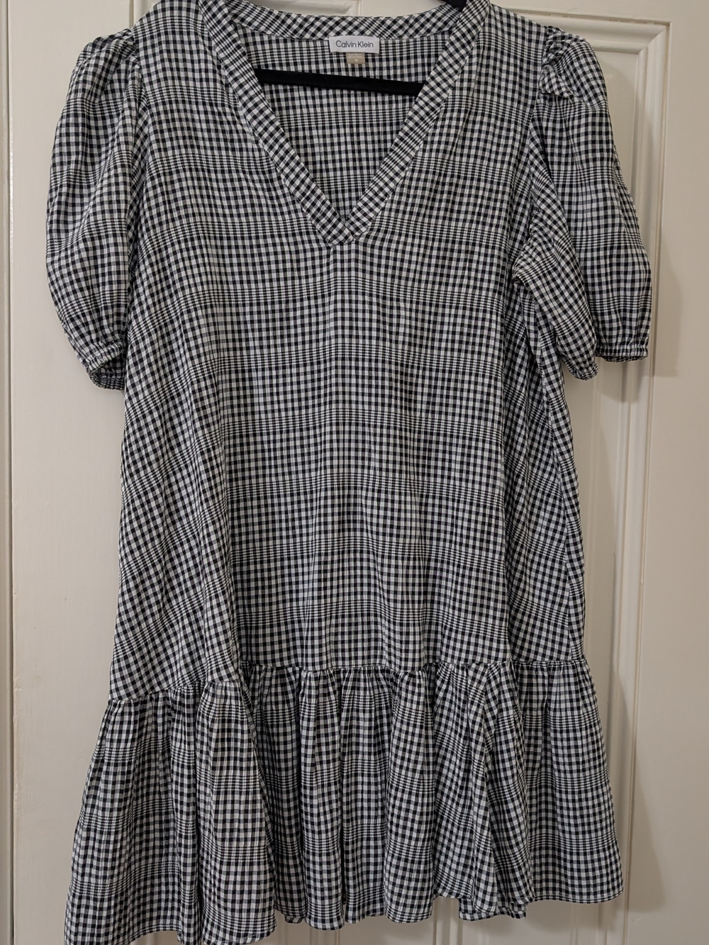 Vintage Calvin Klein Black & White Gingham V-Neck Ruffle Hem Dress